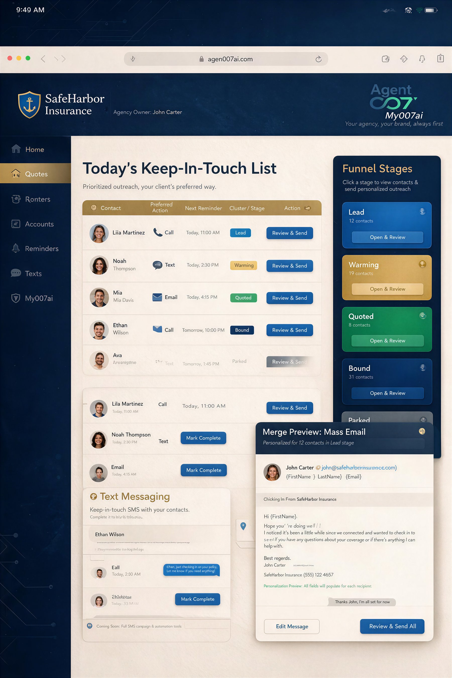 agent007si Concierge: keep-in-touch, funnel clusters, map contact, and avatars on every contact